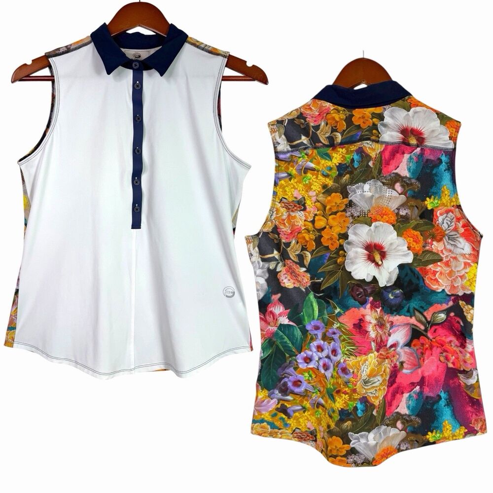 Foray Golf Fantasy Floral Sleeveless Polo Shirt White Navy Print Size Small
